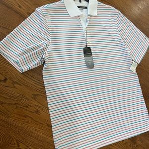 Men’s size small Greg normal polo golf shirt size small aqua and coral white